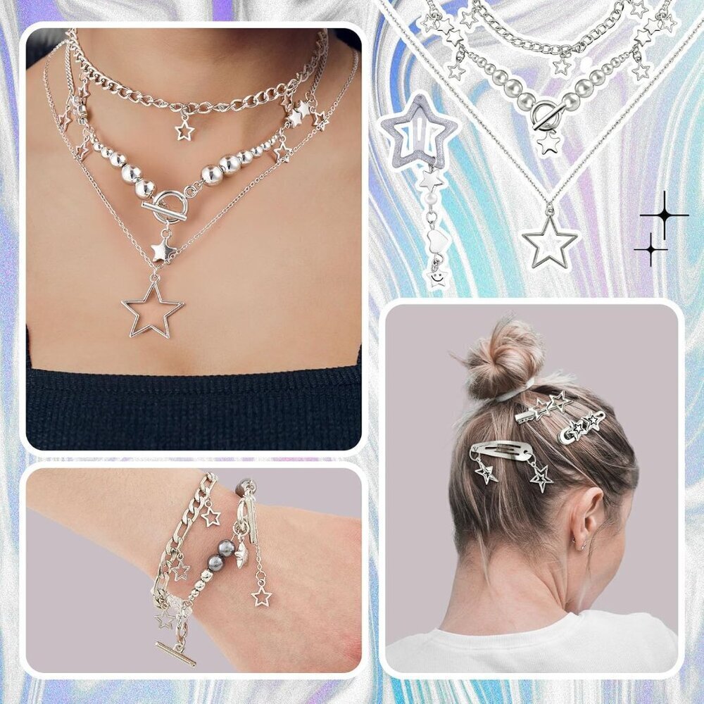 Y2K Accessories Set 13 Pcs Metal Jewelry Star Hair Clips Bracelets for Women - Picture 3 of 7